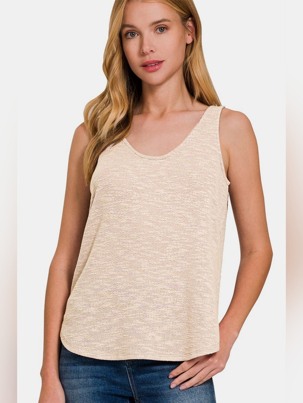 Zenana Scoop Neck Curvwd Hem Slub Tank In Sand Beige, NIP